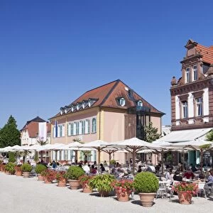 Street cafe and Palais Hirsch, Schwetzingen, Rhein-Neckar-Kreis, Baden Wurttemberg, Germany, Europe