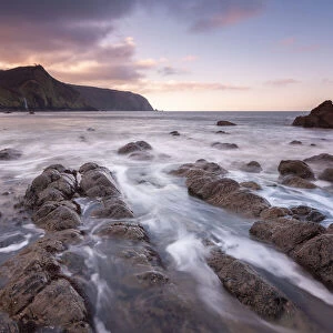 Sunset over Mouthmill Beach on the North Devon coast, Devon, England, United Kingdom