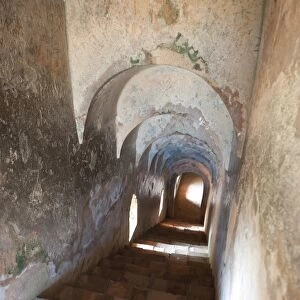 Terracotta stairs leading to Royal apartments from the terrace in 18th century palace of the Ahom kingdom, Rangpur, Sivasagar, Assam, India, Asia