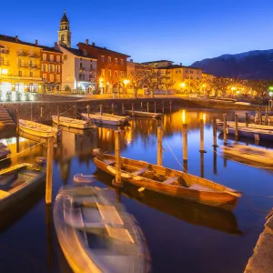 Touristic harbour of Ascona at dusk, Ascona, Lake Maggiore (Verbano), Canton of Ticino