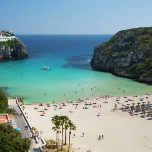 View over beach, Cala en Porter, south east Coast, Menorca, Balearic Islands, Spain