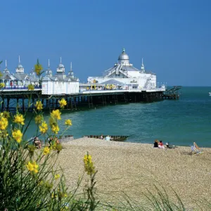 View over beach and pier, Eastbourne, East Sussex, England, United Kingdom, Europe