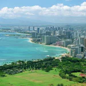 View over coast north west from lookout on crater rim of Diamond Head