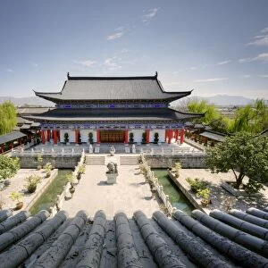 A view down on courtyard and building in classical Chinese architecture style at Mufu, Lijiang, Yunnan, China, Asia