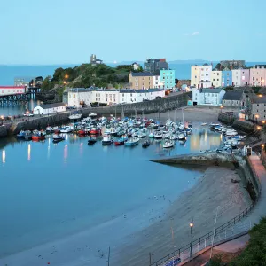 View over harbour and castle, Tenby, Carmarthen Bay, Pembrokeshire, Wales, United Kingdom