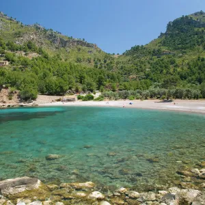 View across the turquoise waters of Cala Tuent near Sa Calobra, Mallorca