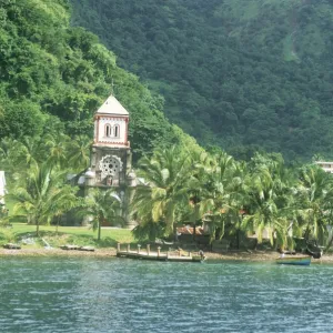 Village of Soufriere and church from the sea