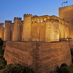 Walls and towers at night of the Aljaferia Palace, dating from the 11th century, Saragossa (Zaragoza), Aragon, Spain, Europe
