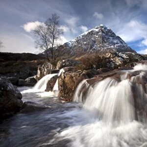 Winter view of Buachaile Etive More from the Coupall Falls on the River Coupall