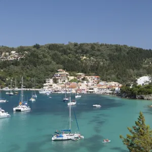 Yachts anchored in bay, Lakka, Paxos, Ionian Islands, Greek Islands, Greece, Europe