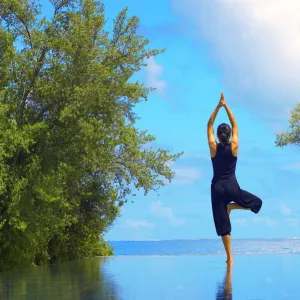 Yoga meditation, Full Moon Island, Male Atoll, Maldives, Indian Ocean, Asia