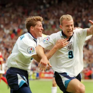 Alan Shearer and Darren Anderton celebrate Englands opening goal at Euro 96