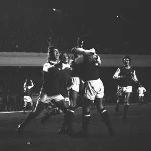 Arsenals Frank McLintock celebrates his goal with Charlie George and George Armstrong - 1970 / 1 Inter-Cities Fairs Cup