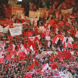 Manchester United fans show their banners in the Wembley stands during the 1977 FA Cup Final