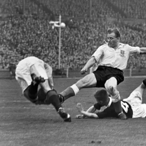 Scotland goalkeeper Fred Martin makes a save at the feet of Englands Frank Blunstone - 1954 / 5 British Home Championship