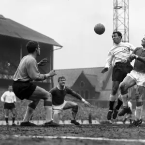 Spurs Jimmy Greaves jumps for a header at Goodison Park in 1963