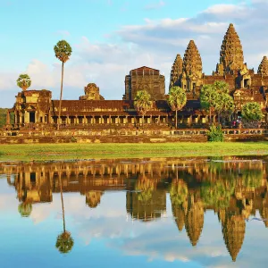 Angkor Wat Temple and reflection in lake in Siem Reap, Cambodia