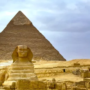 The Great Sphinx statue and the Pyramid of Khafre on the Giza Plateau, Cairo, Egypt