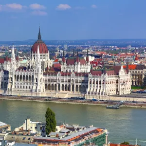 The Hungarian Parliament Building, the Orszaghaz, and the River Danube in Budapest