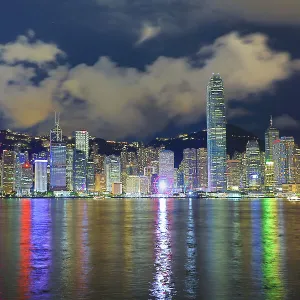 Night view of Victoria Harbour and Skyline with lights, Hong Kong, China