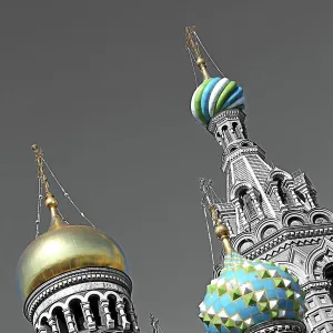 Onion domes of the Church of Our Saviour on Spilled Blood in St Petersburg, Russia, spot colour