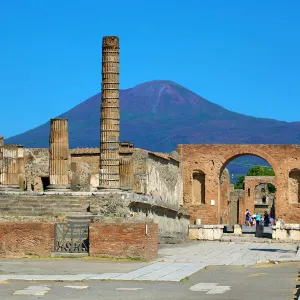 Ruined pillar in the ancient Roman city of Pompeii, Italy