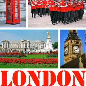 Souvenir photos of Big Ben, Buckingham Palace, Guards, and a Telephone Box in London, England