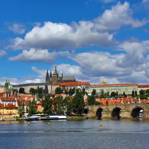 St. Vitus Cathedral and Prague Castle with the Charles Bridge over the Vltava River in Prague