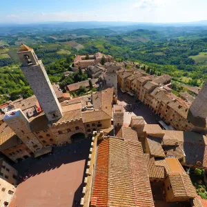 View over the rooftops of San Gimignano and Tuscan countryside