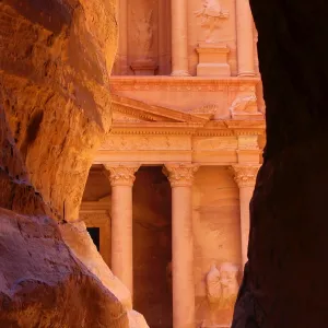 View of the Treasury, Al-Khazneh, from the Siq, Petra, Jordan