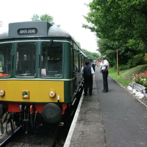 Diesel rail car at Crowcombe Heathfield station, Somerset, UK