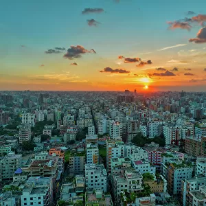 Aerial view of Dhaka City with residential area at sunset, Dhaka, Bangladesh