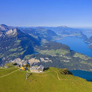 Aerial view on Fronalpstock and Lake Lucerne in the morning, Morschach, canton Schwyz