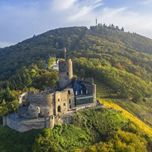 Aerial view on Landshut castle, Bernkastel-Kues, Mosel valley, Rhineland-Palatinate
