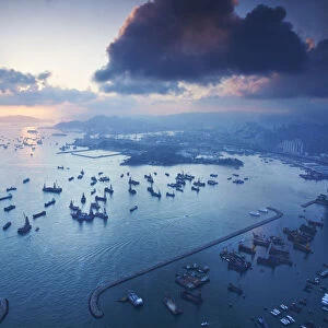 Aerial view of ships in Yau Ma Tei typhoon shelter, Kowloon, Hong Kong, China