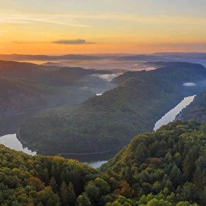 Aerial view on the sunrise at the Grand Saar horseshoe bend, Orscholz, Saarland, Germany