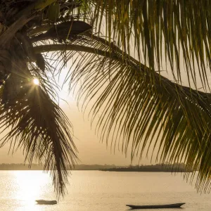 Africa, Guinea Bissau. Sunrise with fishing boats