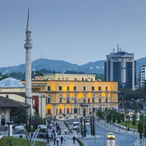 Albania, Tirana, Skanderbeg Square, elevated view, dusk