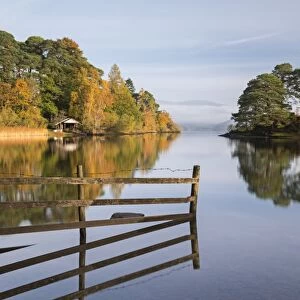 Autumnal scenery on the shore of Derwent Water in the Lake District National Park, Cumbria, England