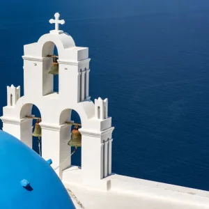 Three Bells of Fira with blue dome, Fira, Santorini, South Aegean, Greece