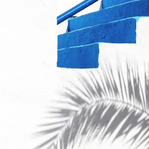 Blue steps and palm shadow, Puerto del Carmen, Lanzarote, Canary Islands, Spain