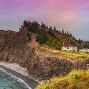 Canada, Nova Scotia, Advocate Harbour, Cape d Or Lighthouse on the Bay of Fundy, dusk