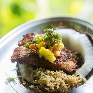 Central America, Costa Rica, fried fish with couscous and mango served in a coconut