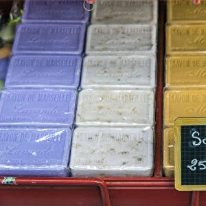 Colorful Marseille soap bars on sale at the market in Saint-Remy-de-Provence, Provence