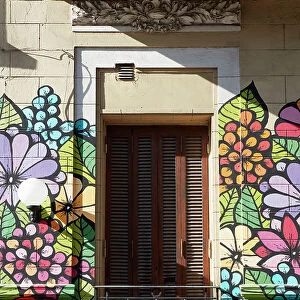 A colorful mural on the exterior facade of a colonial house in San Telmo, Buenos Aires, Argentina