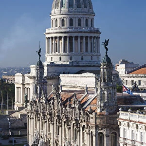 Cuba, Havana, elevated city view towards the Capitolio Nacional with El Teatro de