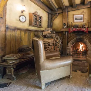 Fireplace at The Green Dragon Inn. Hobbiton Movie Set, Matamata, Waikato region, North