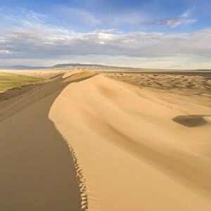 Footsteps on Khongor sand dunes in Gobi Gurvan Saikhan National Park. Sevrei district