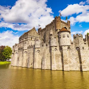 Gravensteen castle in Ghent at sunset, Belgium