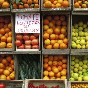 A Greengrocers Fruits and Vegetables display, Montevideo Ciudad Vieja district, Uruguay